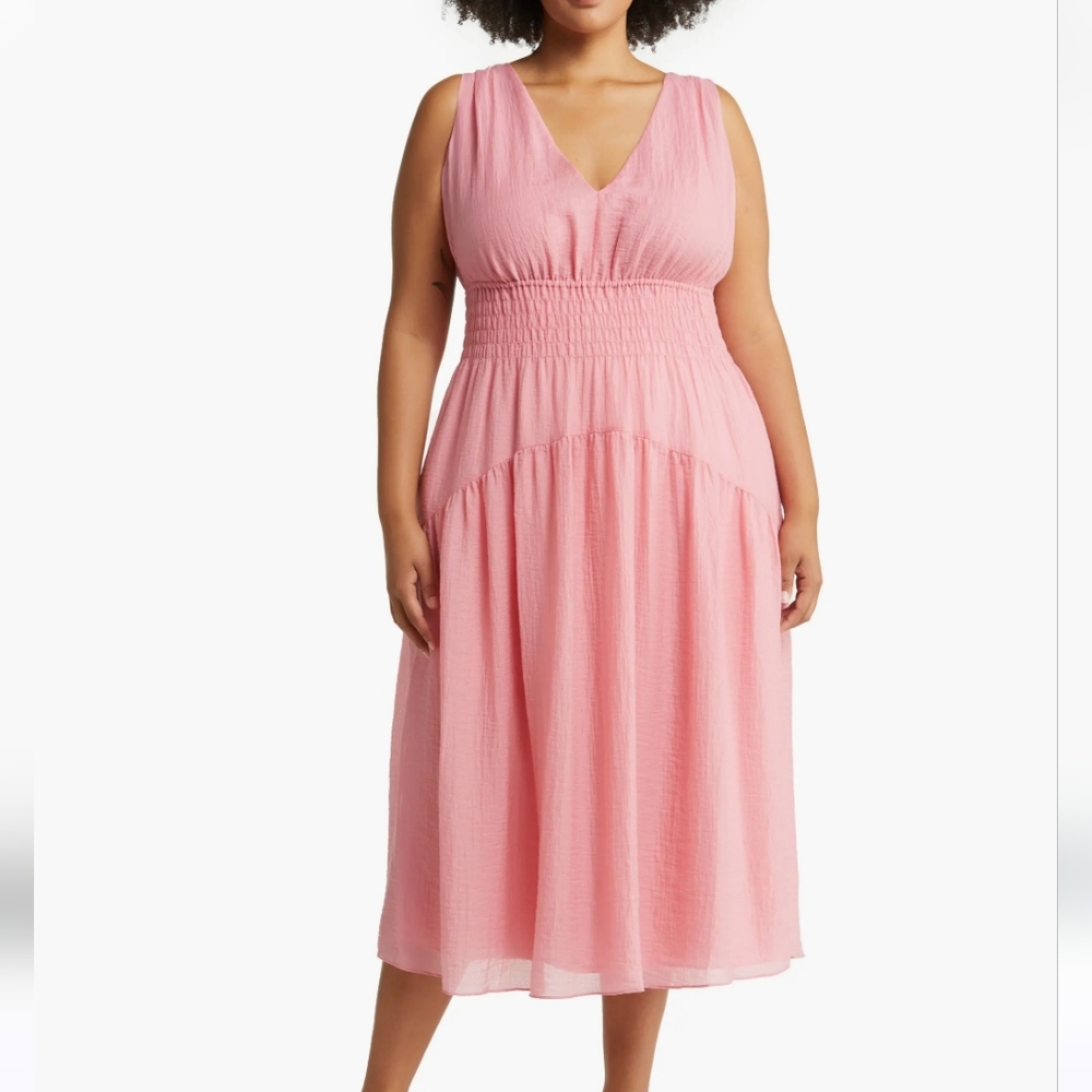 Vince Pink Rosetta V-Neck Smocked A-Line Tank Midi Dress With Pockets 2X New NWT